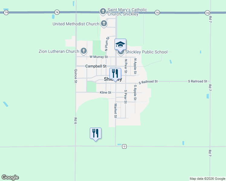 map of restaurants, bars, coffee shops, grocery stores, and more near 102 Kline Street in Shickley
