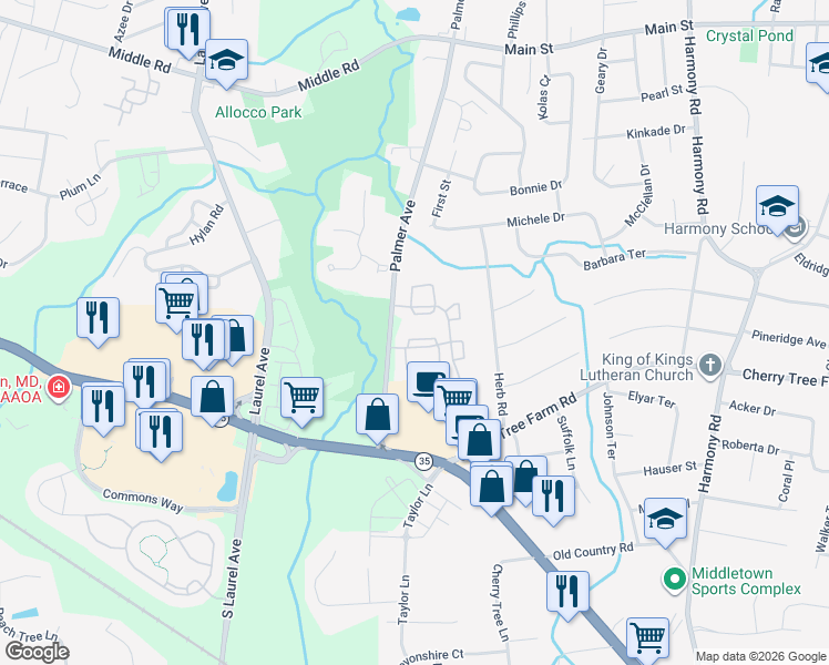 map of restaurants, bars, coffee shops, grocery stores, and more near 414 Middlewood Road in Monmouth County