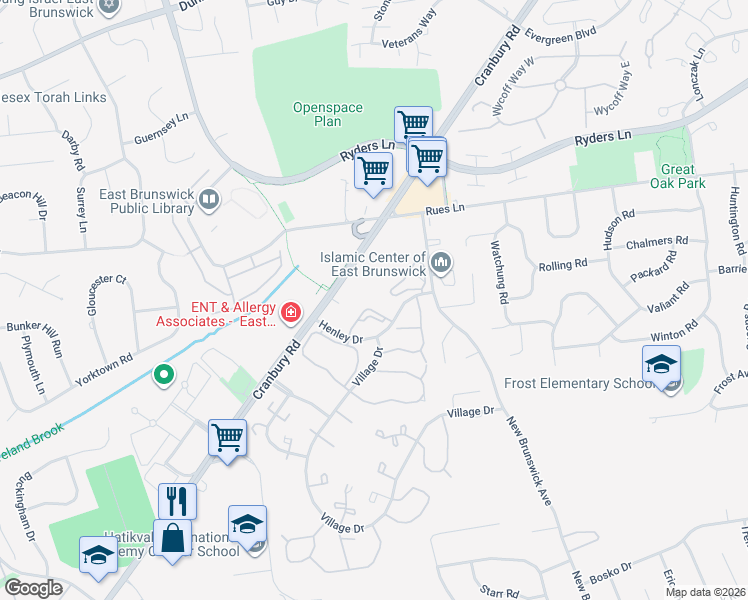 map of restaurants, bars, coffee shops, grocery stores, and more near 32 Covington Court in East Brunswick