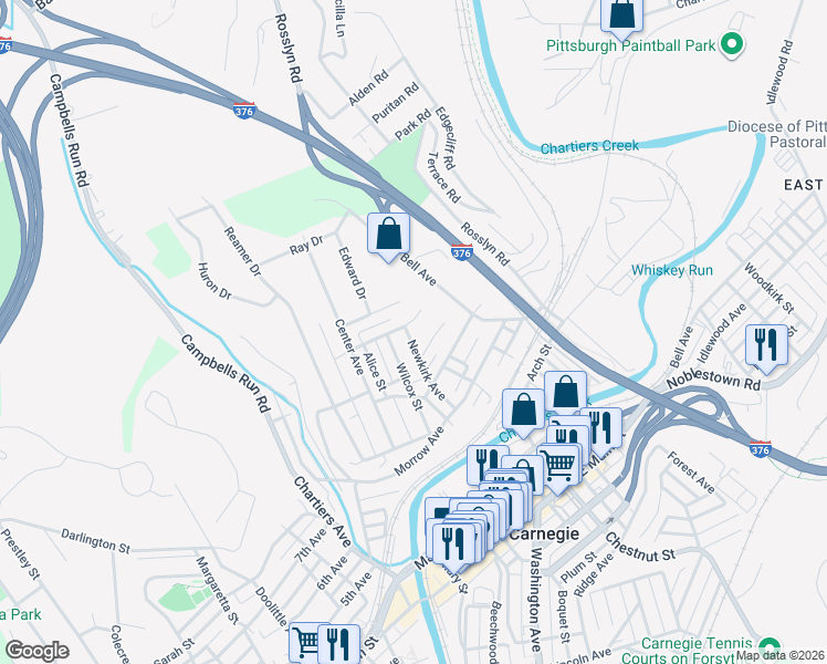 map of restaurants, bars, coffee shops, grocery stores, and more near 515 Maryland Avenue in Carnegie