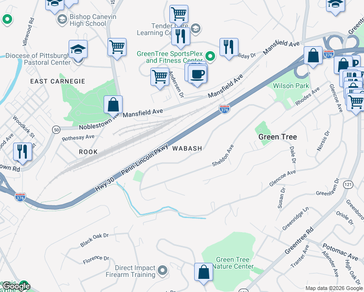 map of restaurants, bars, coffee shops, grocery stores, and more near 109 Penfield Place in Green Tree