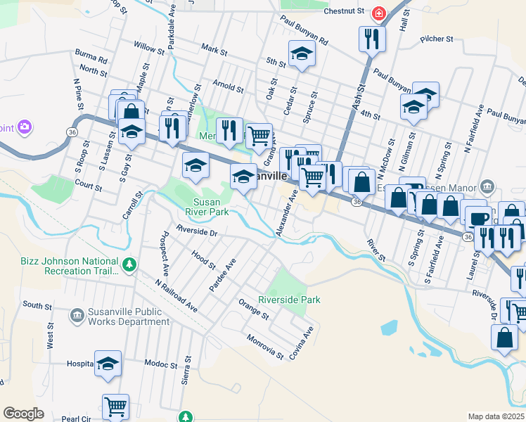 map of restaurants, bars, coffee shops, grocery stores, and more near 125 Small Street in Susanville