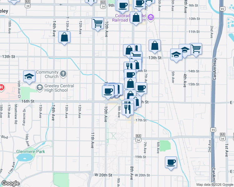 map of restaurants, bars, coffee shops, grocery stores, and more near 1523 9th Avenue in Greeley