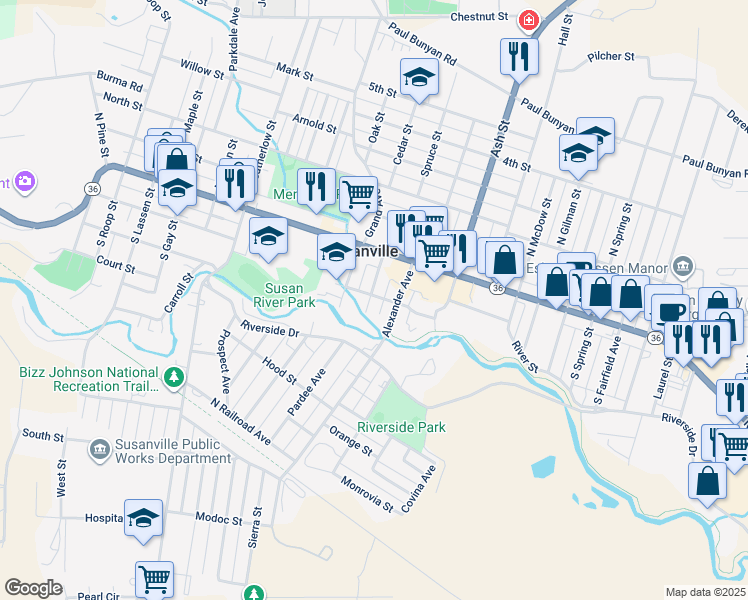 map of restaurants, bars, coffee shops, grocery stores, and more near 125 Small Street in Susanville