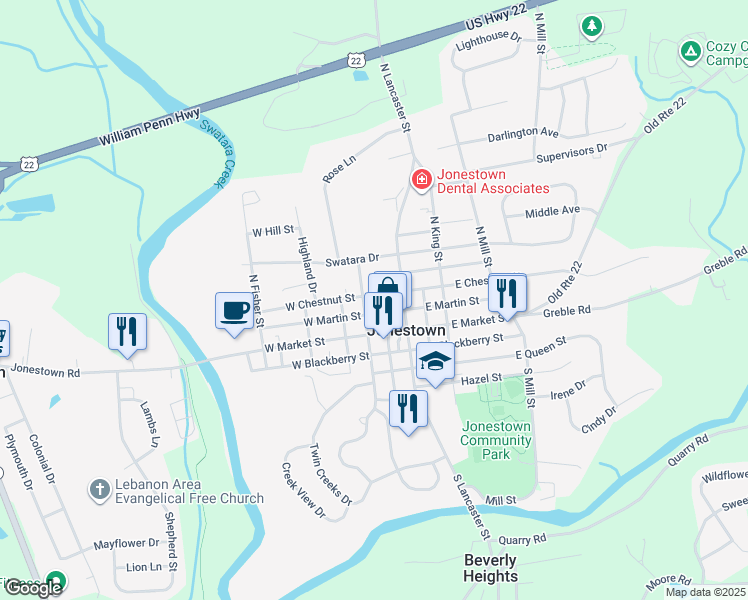 map of restaurants, bars, coffee shops, grocery stores, and more near 25 North Lancaster Street in Jonestown