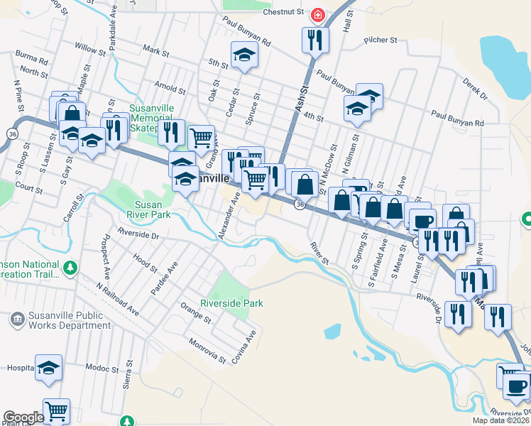 map of restaurants, bars, coffee shops, grocery stores, and more near 147 South Ash Street in Susanville