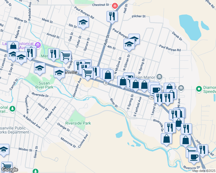 map of restaurants, bars, coffee shops, grocery stores, and more near 1850 Main St in Susanville