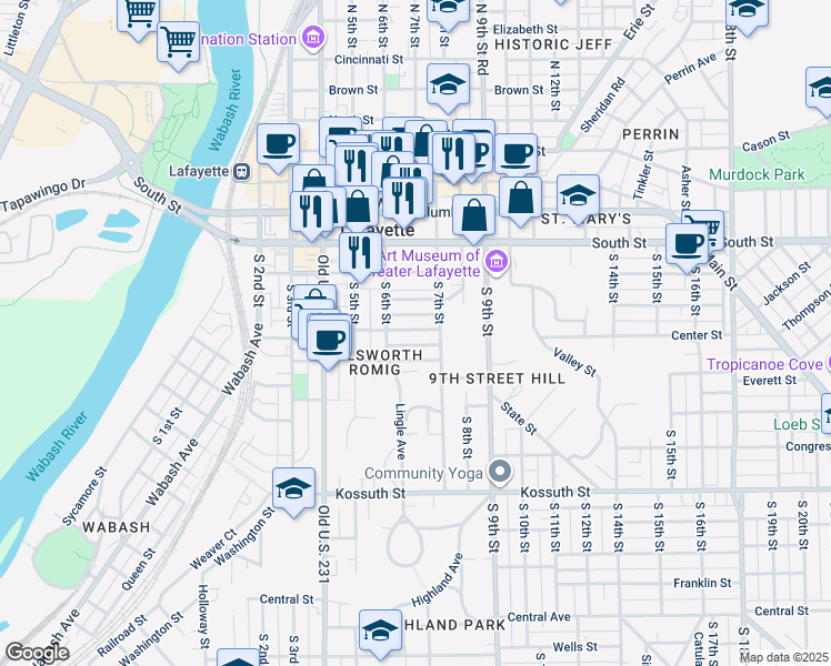 map of restaurants, bars, coffee shops, grocery stores, and more near 623 New York Street in Lafayette