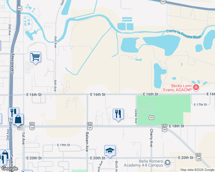 map of restaurants, bars, coffee shops, grocery stores, and more near 821 E 16th St in Greeley