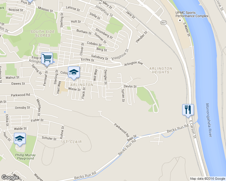 map of restaurants, bars, coffee shops, grocery stores, and more near 2922 Devlin Street in Pittsburgh