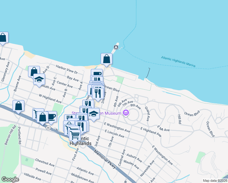 map of restaurants, bars, coffee shops, grocery stores, and more near 6 3rd Avenue in Atlantic Highlands