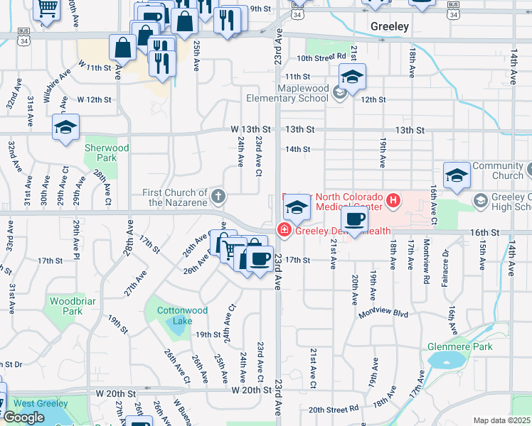map of restaurants, bars, coffee shops, grocery stores, and more near in Greeley