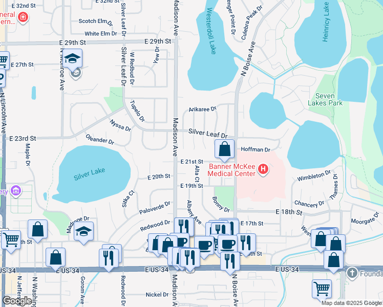 map of restaurants, bars, coffee shops, grocery stores, and more near 1407 East 21st Street in Loveland