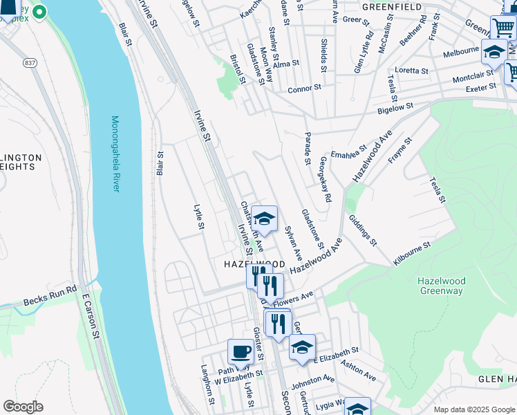 map of restaurants, bars, coffee shops, grocery stores, and more near 4636 Monongahela Street in Pittsburgh