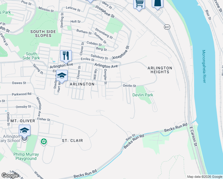 map of restaurants, bars, coffee shops, grocery stores, and more near 2922 Devlin Street in Pittsburgh