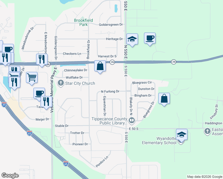 map of restaurants, bars, coffee shops, grocery stores, and more near 145 North Furlong Drive in Lafayette
