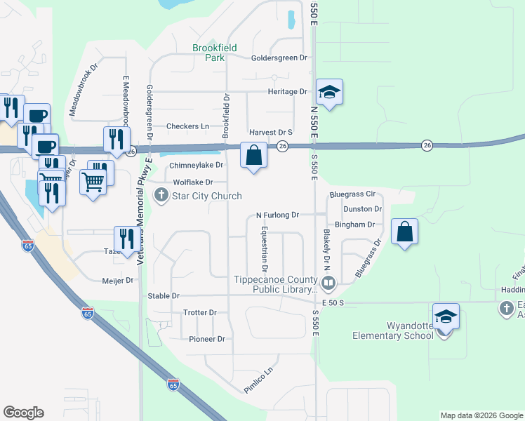 map of restaurants, bars, coffee shops, grocery stores, and more near 141-145 North Furlong Drive in Lafayette