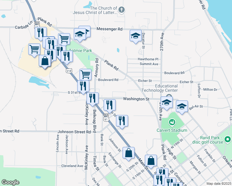 map of restaurants, bars, coffee shops, grocery stores, and more near 152-212 Washington Street in Keokuk