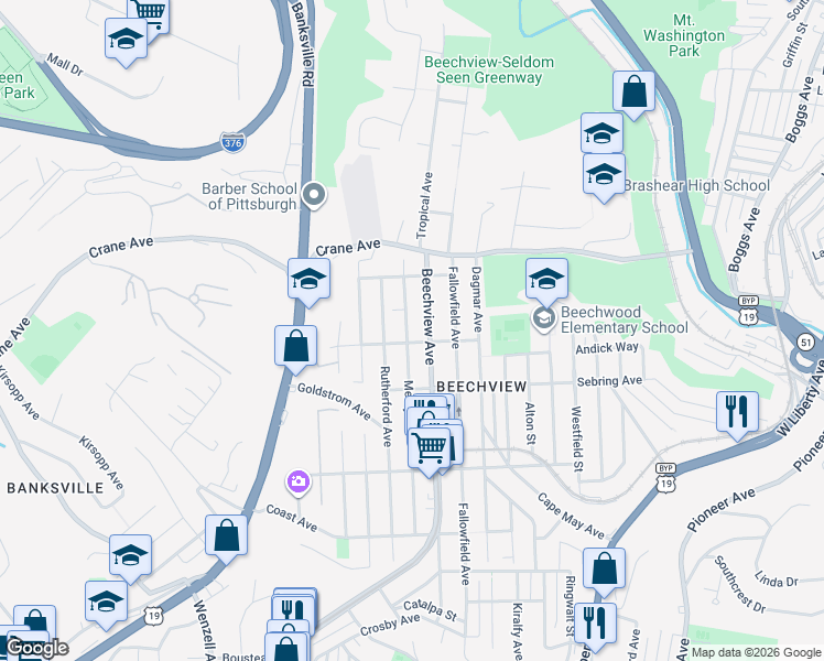 map of restaurants, bars, coffee shops, grocery stores, and more near 1341 Bayonne Avenue in Pittsburgh