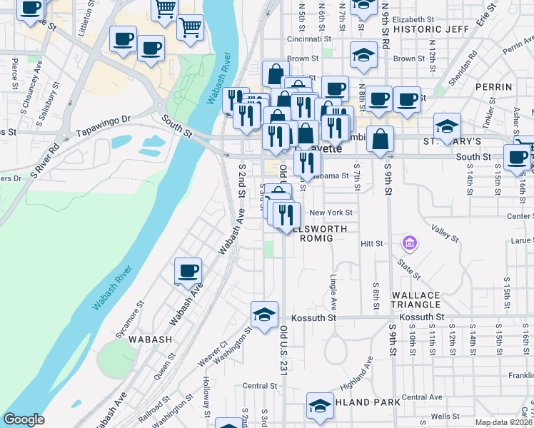 map of restaurants, bars, coffee shops, grocery stores, and more near 159 South 3rd Street in Lafayette