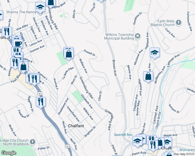 map of restaurants, bars, coffee shops, grocery stores, and more near 221 Ridge Street in East Pittsburgh