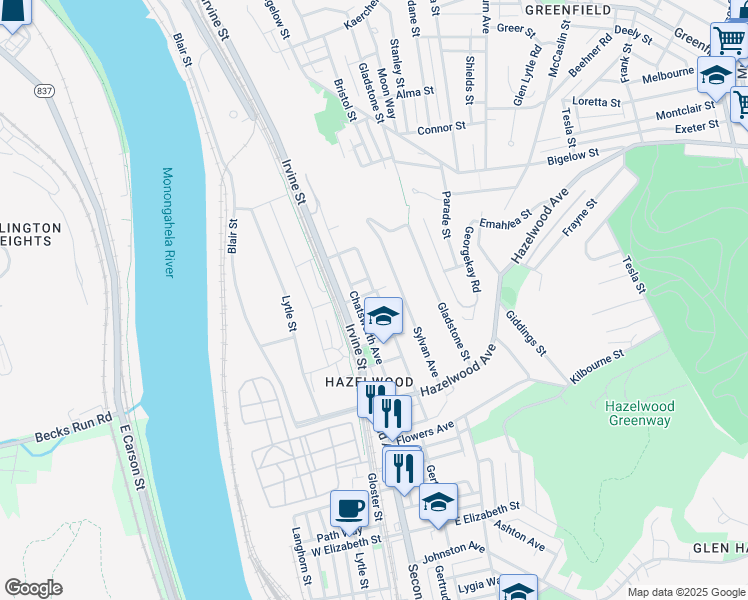 map of restaurants, bars, coffee shops, grocery stores, and more near 4604 Monongahela Street in Pittsburgh