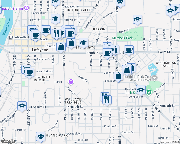 map of restaurants, bars, coffee shops, grocery stores, and more near 1403 Center Street in Lafayette