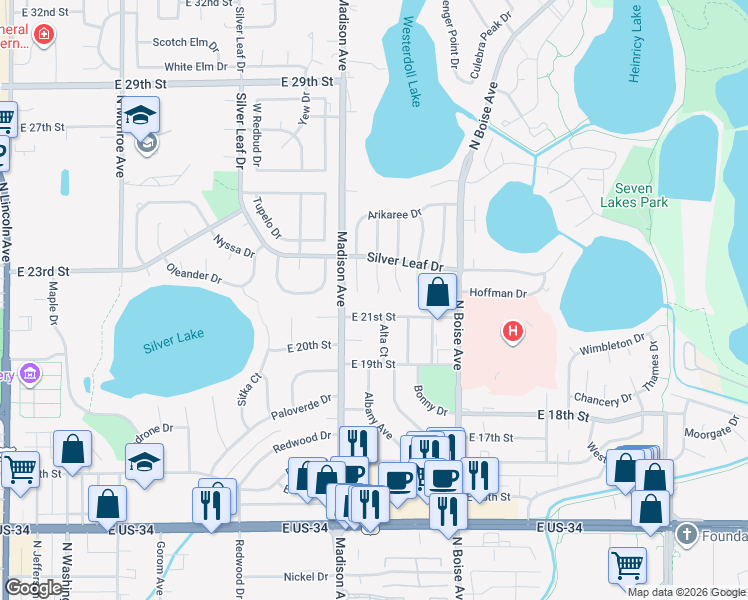 map of restaurants, bars, coffee shops, grocery stores, and more near 1407 East 21st Street in Loveland