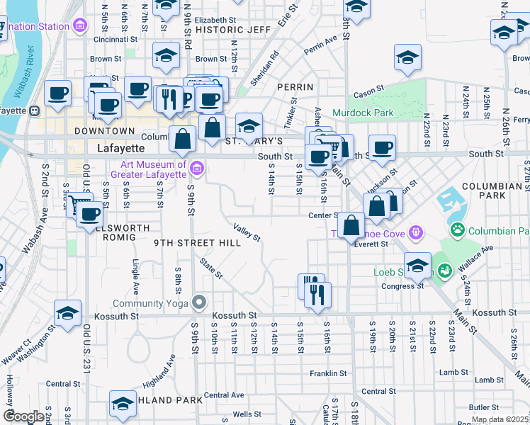 map of restaurants, bars, coffee shops, grocery stores, and more near 224 South 14th Street in Lafayette