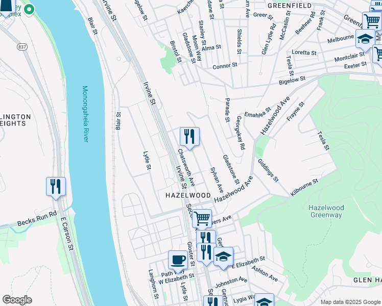 map of restaurants, bars, coffee shops, grocery stores, and more near 4604 Monongahela Street in Pittsburgh
