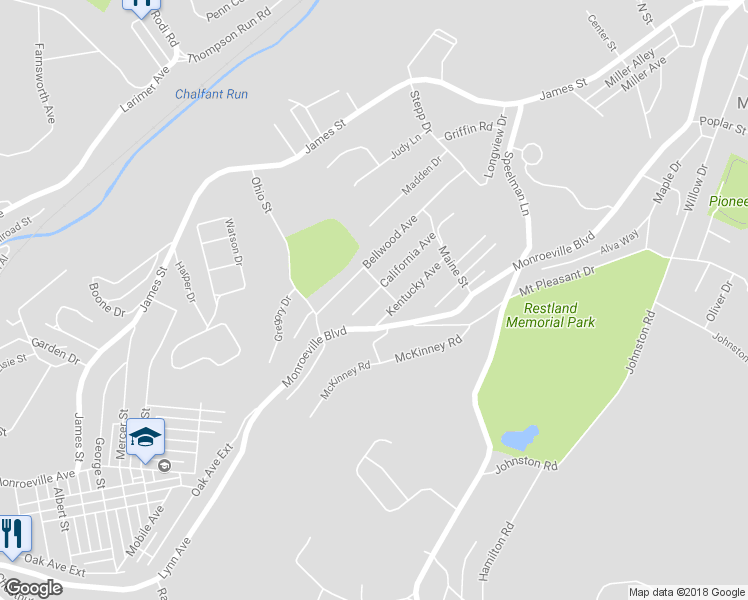 map of restaurants, bars, coffee shops, grocery stores, and more near 424 California Avenue in Monroeville