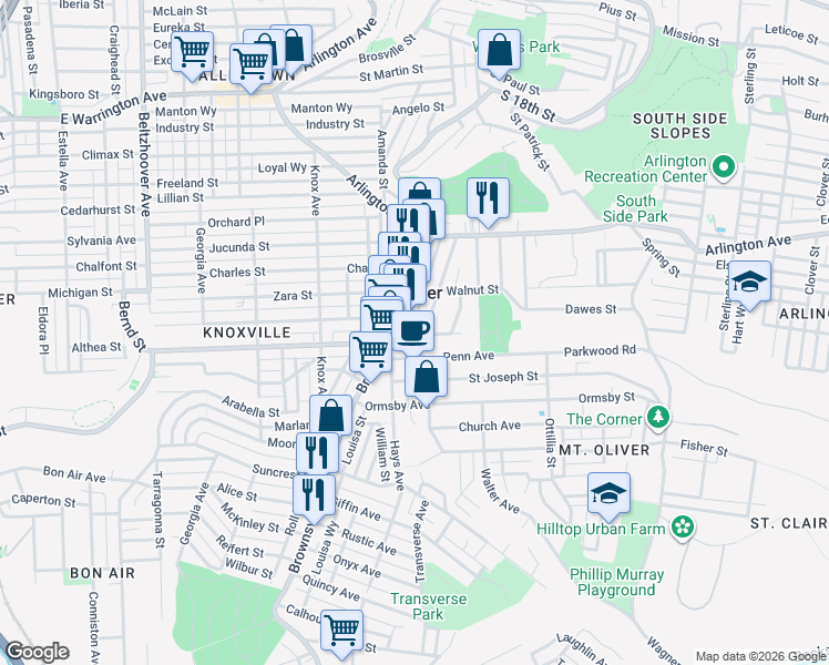 map of restaurants, bars, coffee shops, grocery stores, and more near in Pittsburgh
