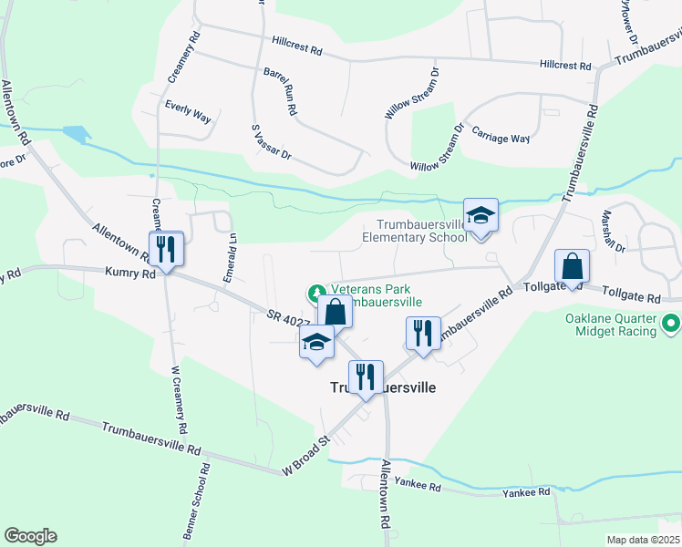 map of restaurants, bars, coffee shops, grocery stores, and more near 1610 Howarth Drive in Quakertown