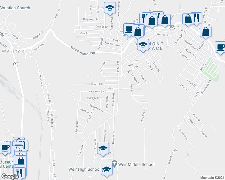 map of restaurants, bars, coffee shops, grocery stores, and more near 371 New York Boulevard in Weirton