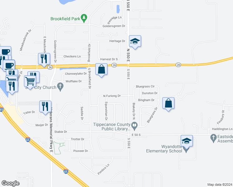map of restaurants, bars, coffee shops, grocery stores, and more near 124 North Furlong Drive in Lafayette