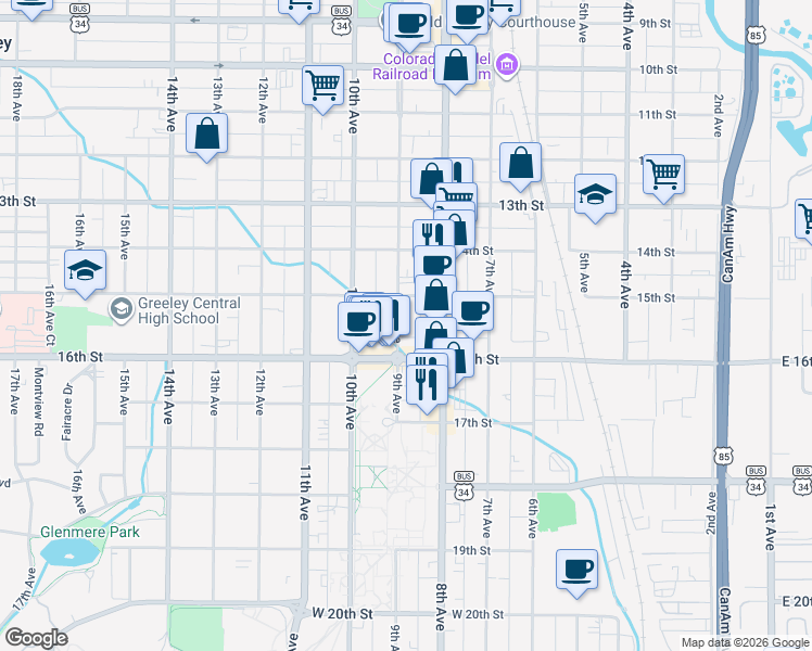 map of restaurants, bars, coffee shops, grocery stores, and more near 1528 9th Avenue in Greeley