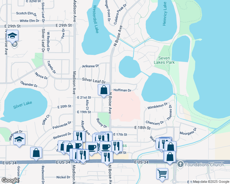map of restaurants, bars, coffee shops, grocery stores, and more near 1632 Hoffman Drive in Loveland