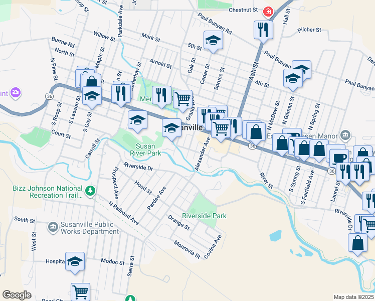 map of restaurants, bars, coffee shops, grocery stores, and more near 125 Small Street in Susanville