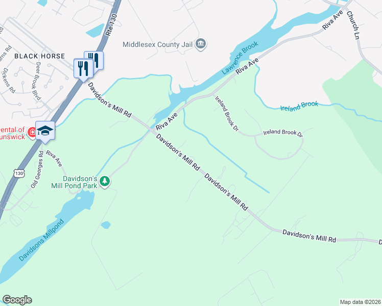 map of restaurants, bars, coffee shops, grocery stores, and more near 55 Davidson's Mill Road in North Brunswick Township