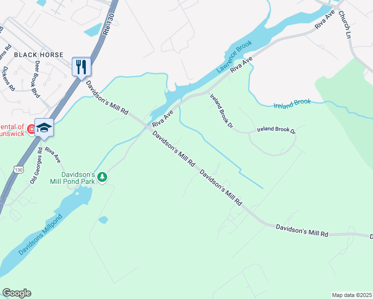 map of restaurants, bars, coffee shops, grocery stores, and more near 55 Davidson's Mill Road in North Brunswick Township