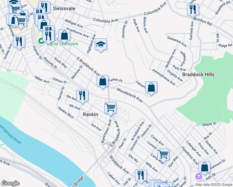 map of restaurants, bars, coffee shops, grocery stores, and more near 2622 Woodstock Avenue in Pittsburgh