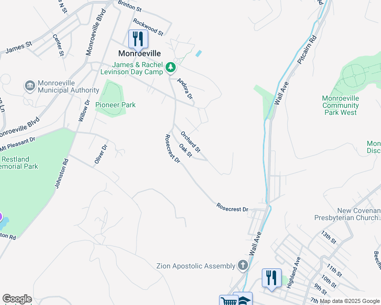 map of restaurants, bars, coffee shops, grocery stores, and more near 157 Oak Street in Monroeville
