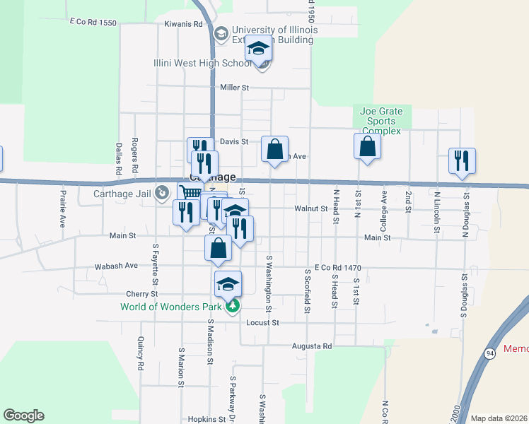 map of restaurants, bars, coffee shops, grocery stores, and more near 709 Main Street in Carthage