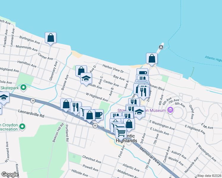 map of restaurants, bars, coffee shops, grocery stores, and more near 27 South Avenue in Atlantic Highlands