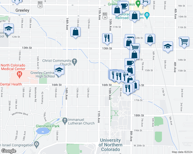 map of restaurants, bars, coffee shops, grocery stores, and more near 1529 11th Avenue in Greeley