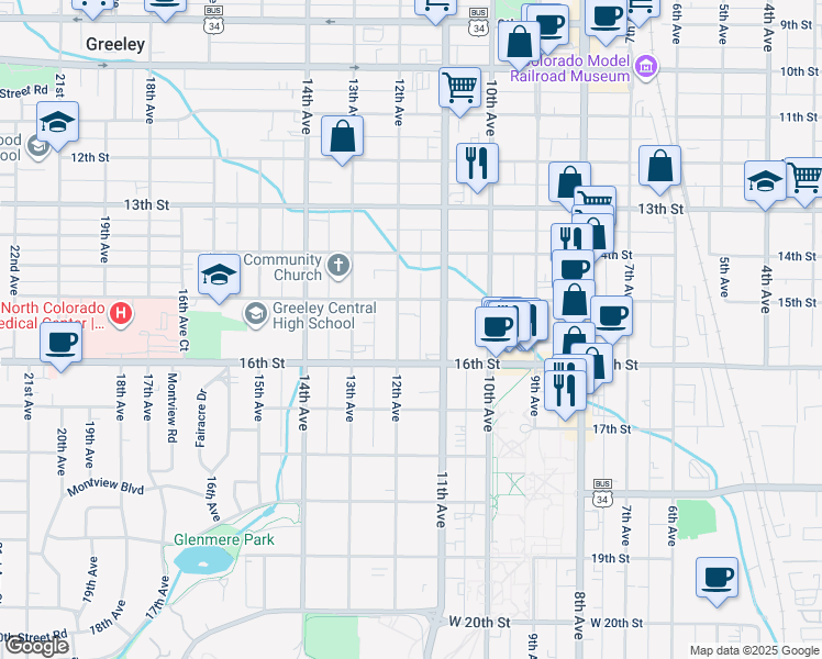map of restaurants, bars, coffee shops, grocery stores, and more near 1529 11th Avenue in Greeley