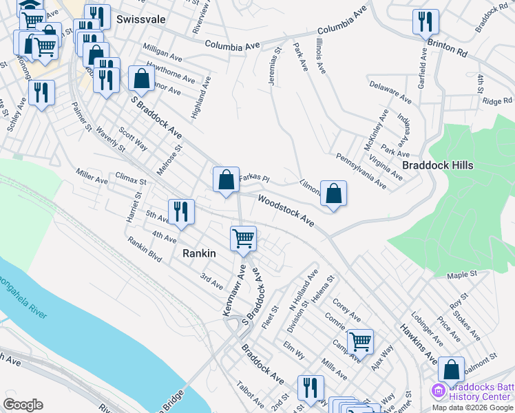 map of restaurants, bars, coffee shops, grocery stores, and more near 2622 Woodstock Avenue in Pittsburgh
