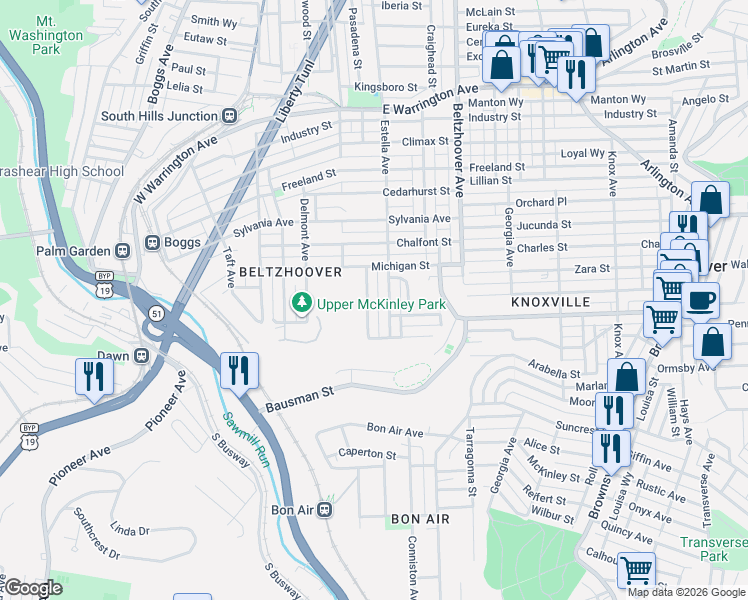 map of restaurants, bars, coffee shops, grocery stores, and more near 845 Eldora Place in Pittsburgh