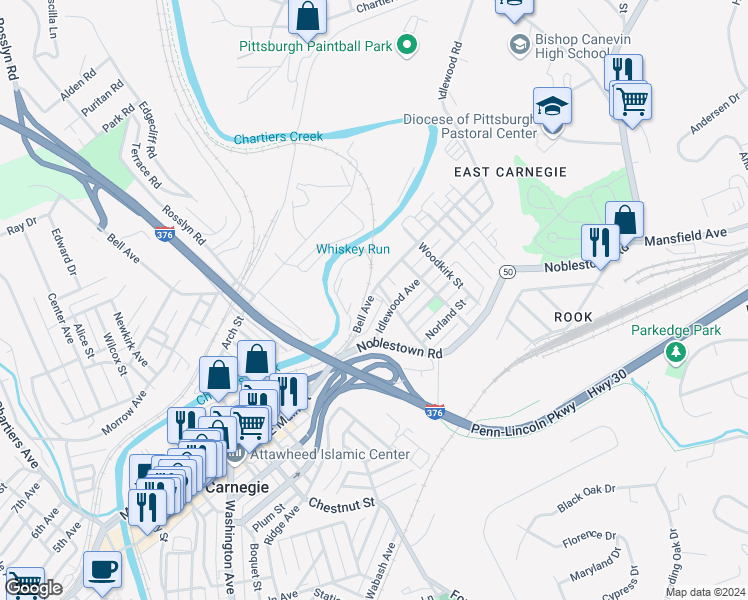 map of restaurants, bars, coffee shops, grocery stores, and more near 652 Bell Avenue in Carnegie