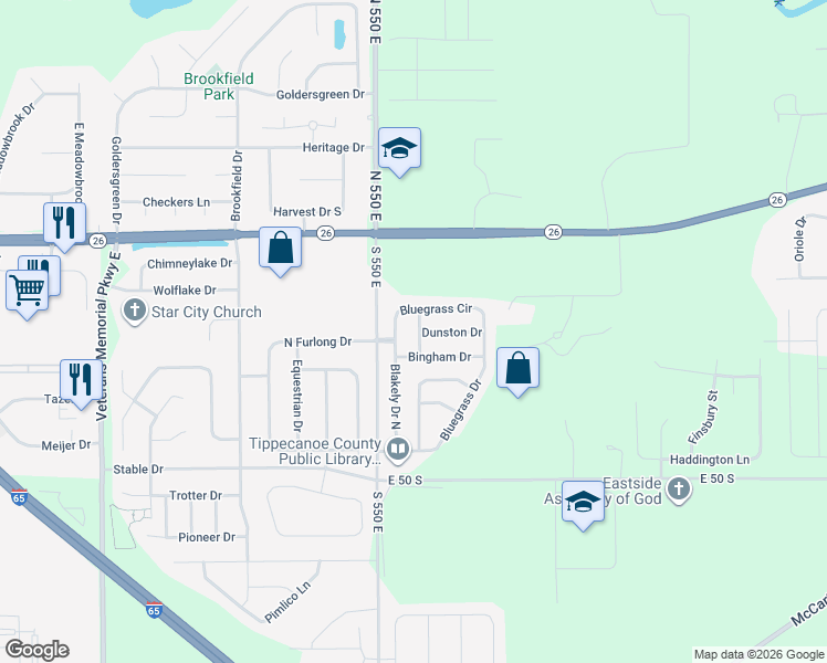 map of restaurants, bars, coffee shops, grocery stores, and more near 5583 Dunston Drive in Lafayette
